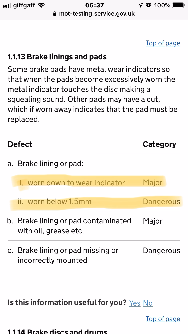 Is an illuminated brake pad wear indicator a reason for failure?