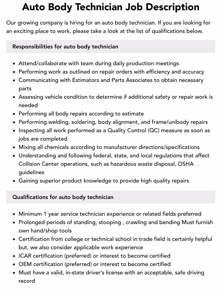 How do you write an automotive body repairer job description?