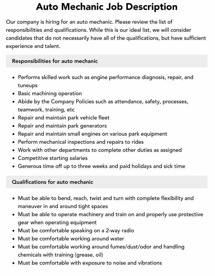 What is an auto mechanic job description?