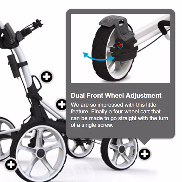 How does the clicgear 4.0 front wheel adjustment system work?