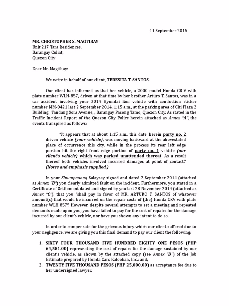 What is a vehicle repair & maintenance letter?