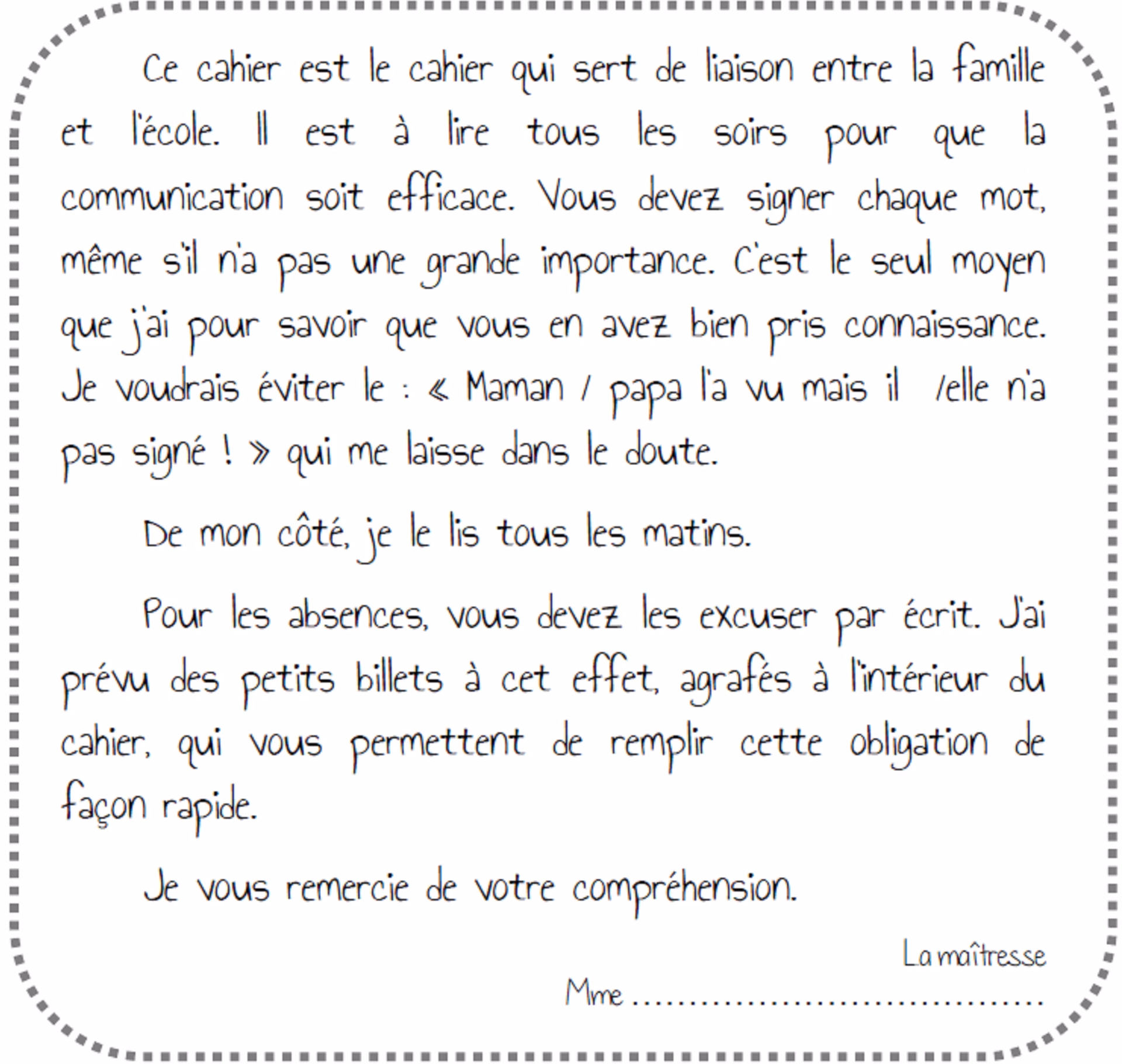 Quel est le but du mot à distribuer aux parents d'élèves à la rentrée ?