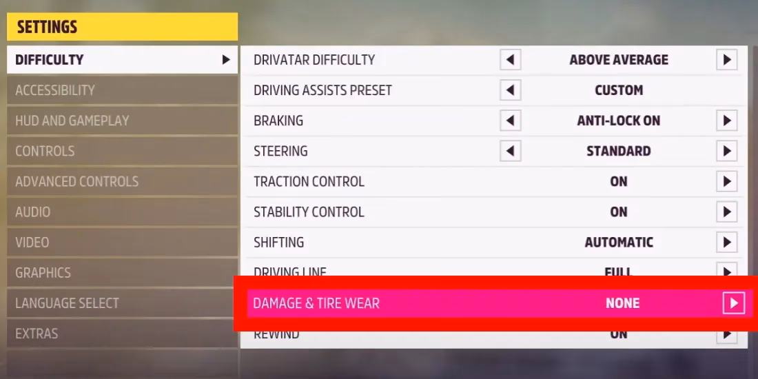 How do you disable cosmetic damage in Forza Horizon 5?