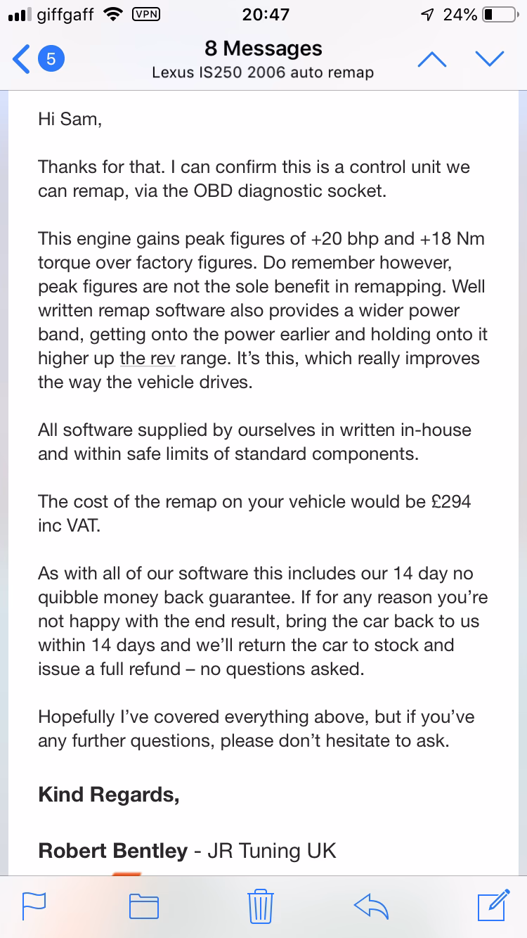 Can I remap my 2500i 208bhp 2005+ Lexus IS250?