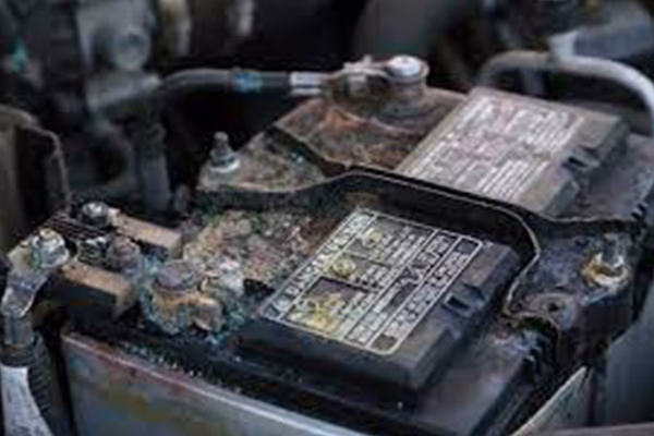 What happens if a car battery acid leak is left untreated?