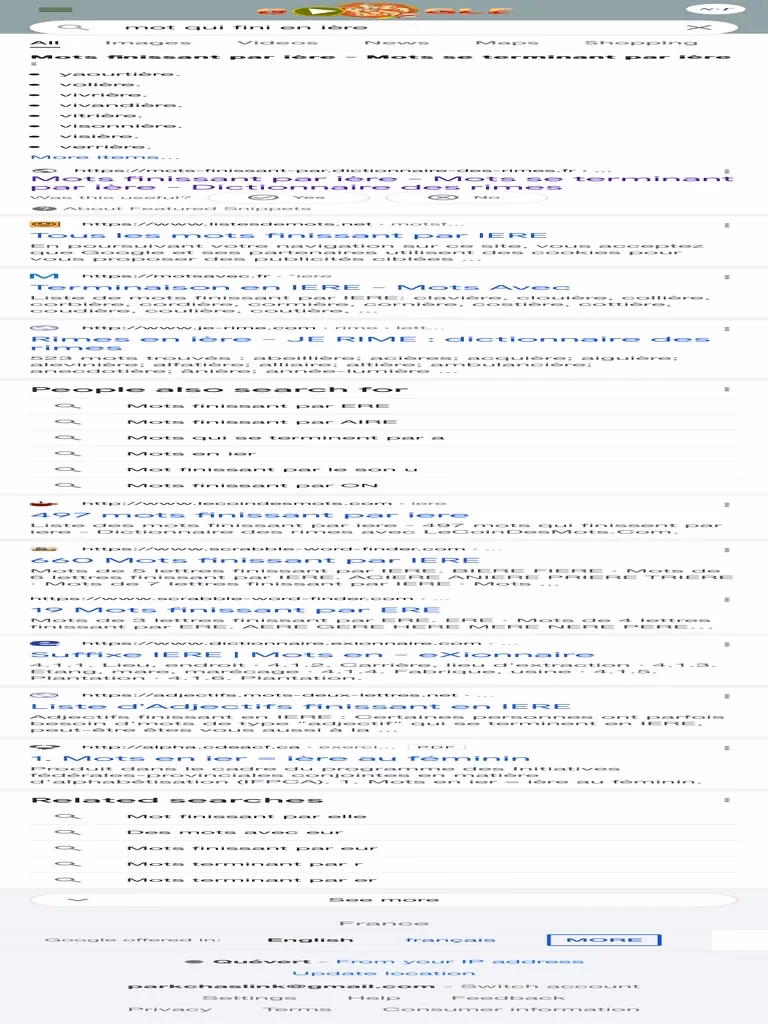 Quels sont les mots français qui finissent par IERE ?