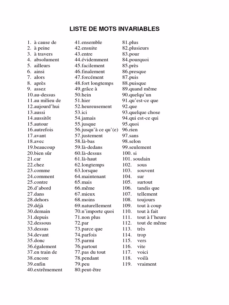 Quels sont les mots invariables en français?