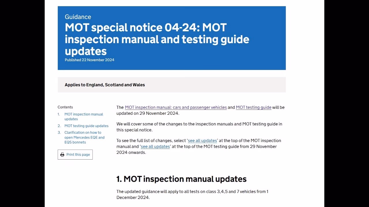 What changes have been made to the MOT inspection manual & testing guide?