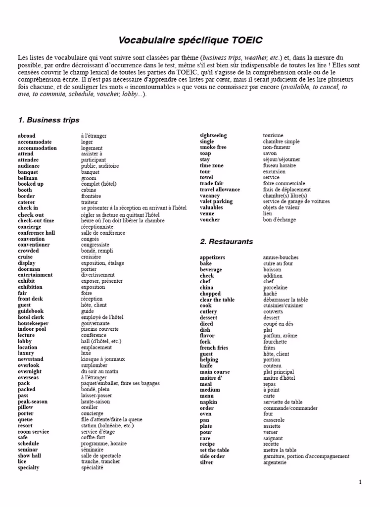 Qu'est-ce que la fiche de vocabulaire spéciale TOEIC?