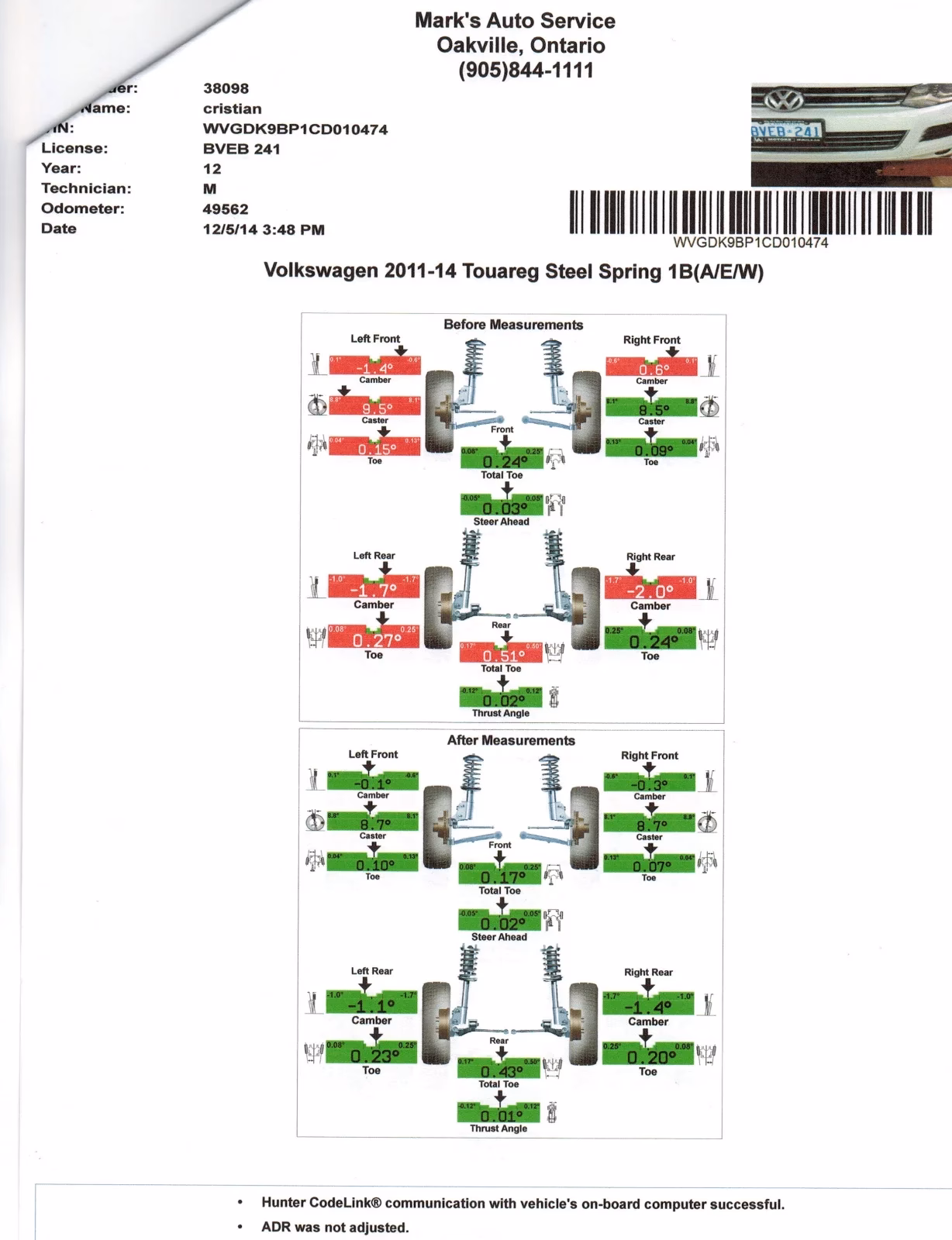When should a Touareg wheel alignment be done?