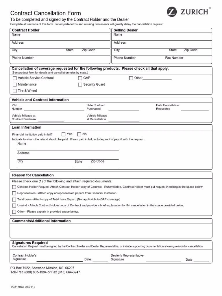 How long does it take to cancel a Zurich car loan?